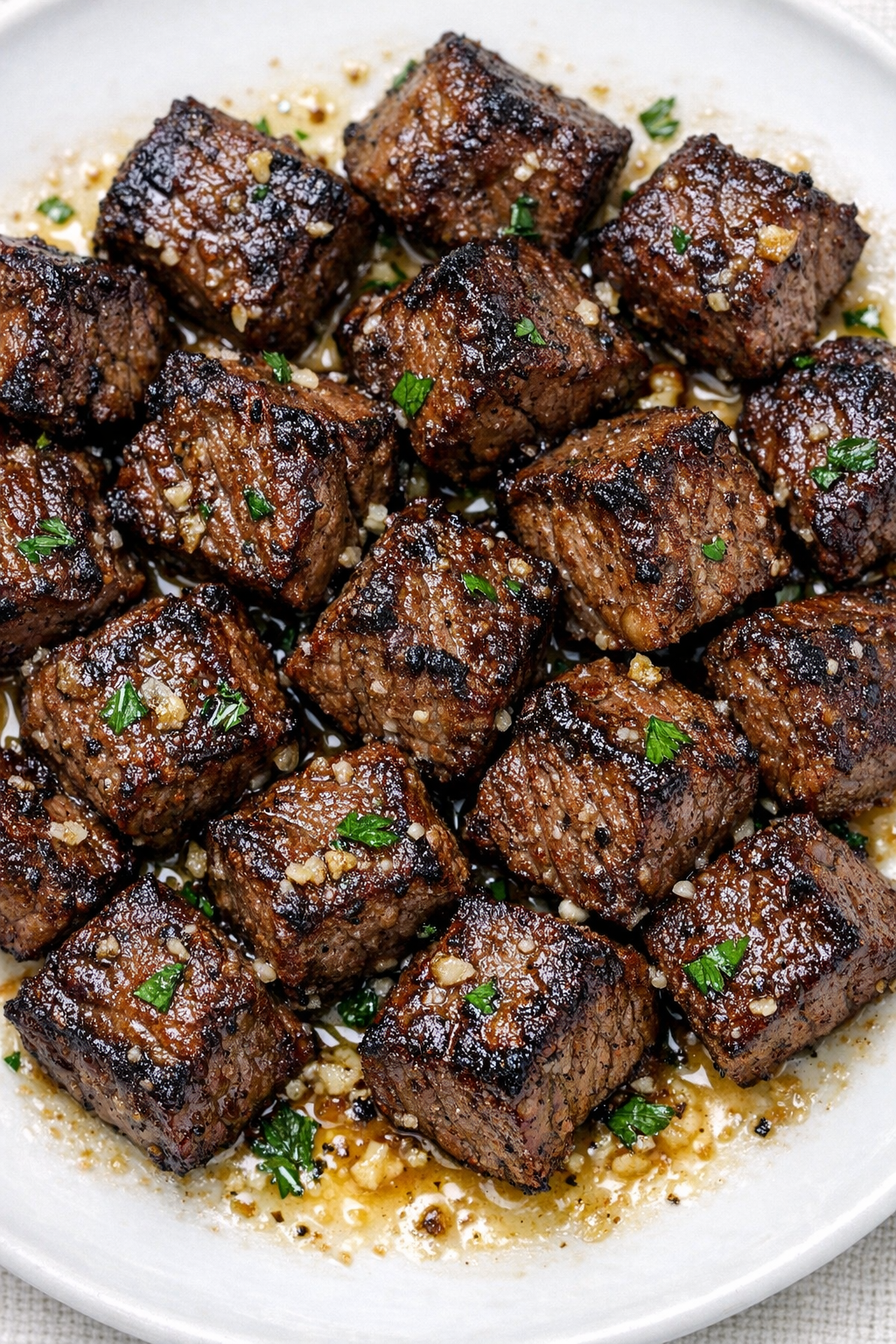 Low carb garlic butter steak bites on a white plate
