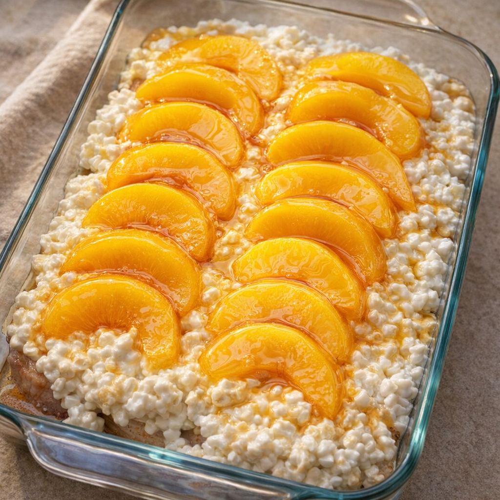 Peach slices layered over cottage cheese-covered pork chops