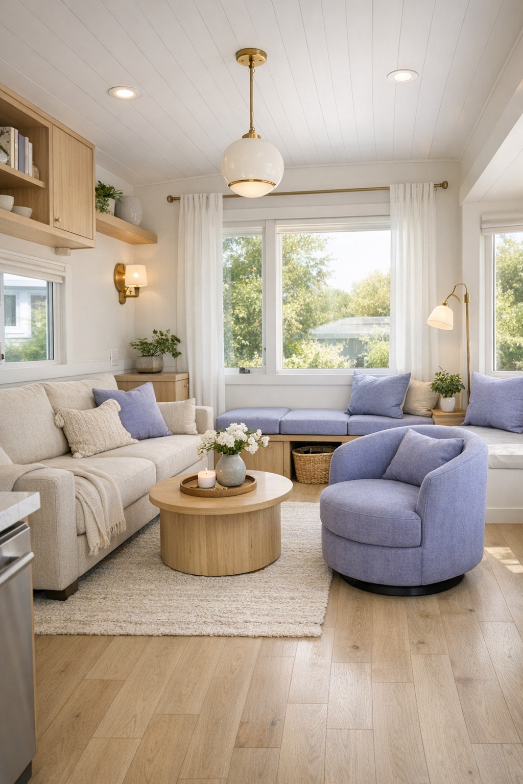 Bright accessible tiny home living room with oatmeal sofa, pale wood floors, and soft periwinkle accents