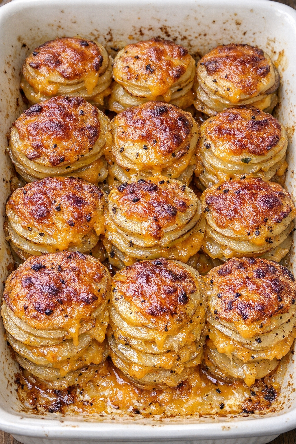 Cheesy potato stacks fresh from the oven