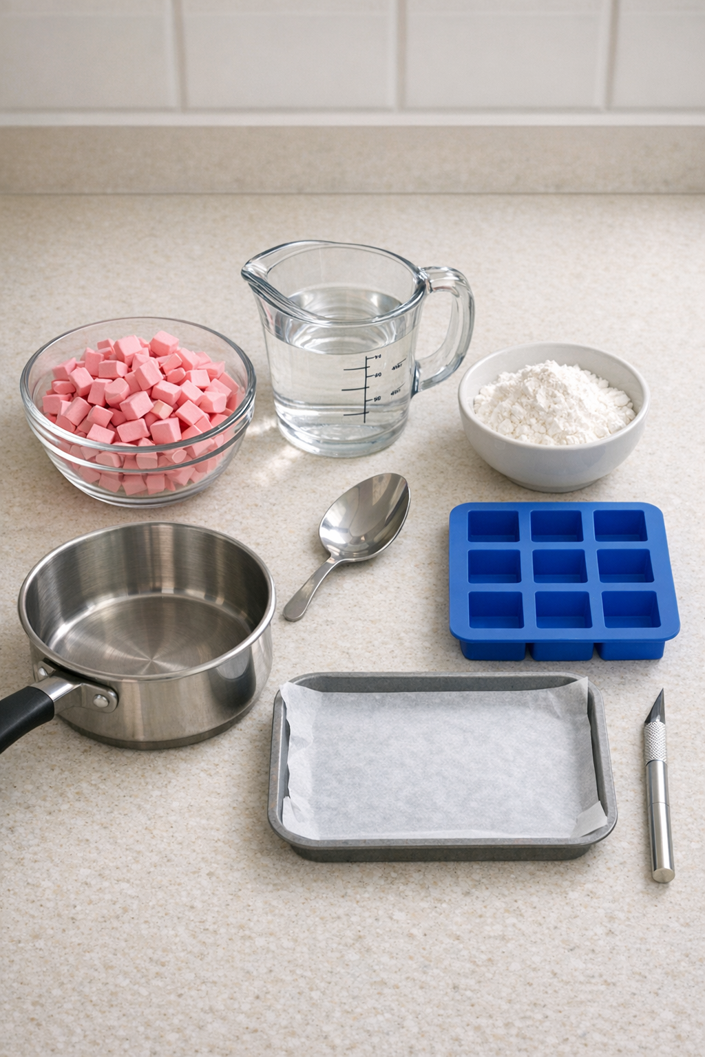 Chopped pink erasers with pantry liquids and basic tools laid out on a work surface