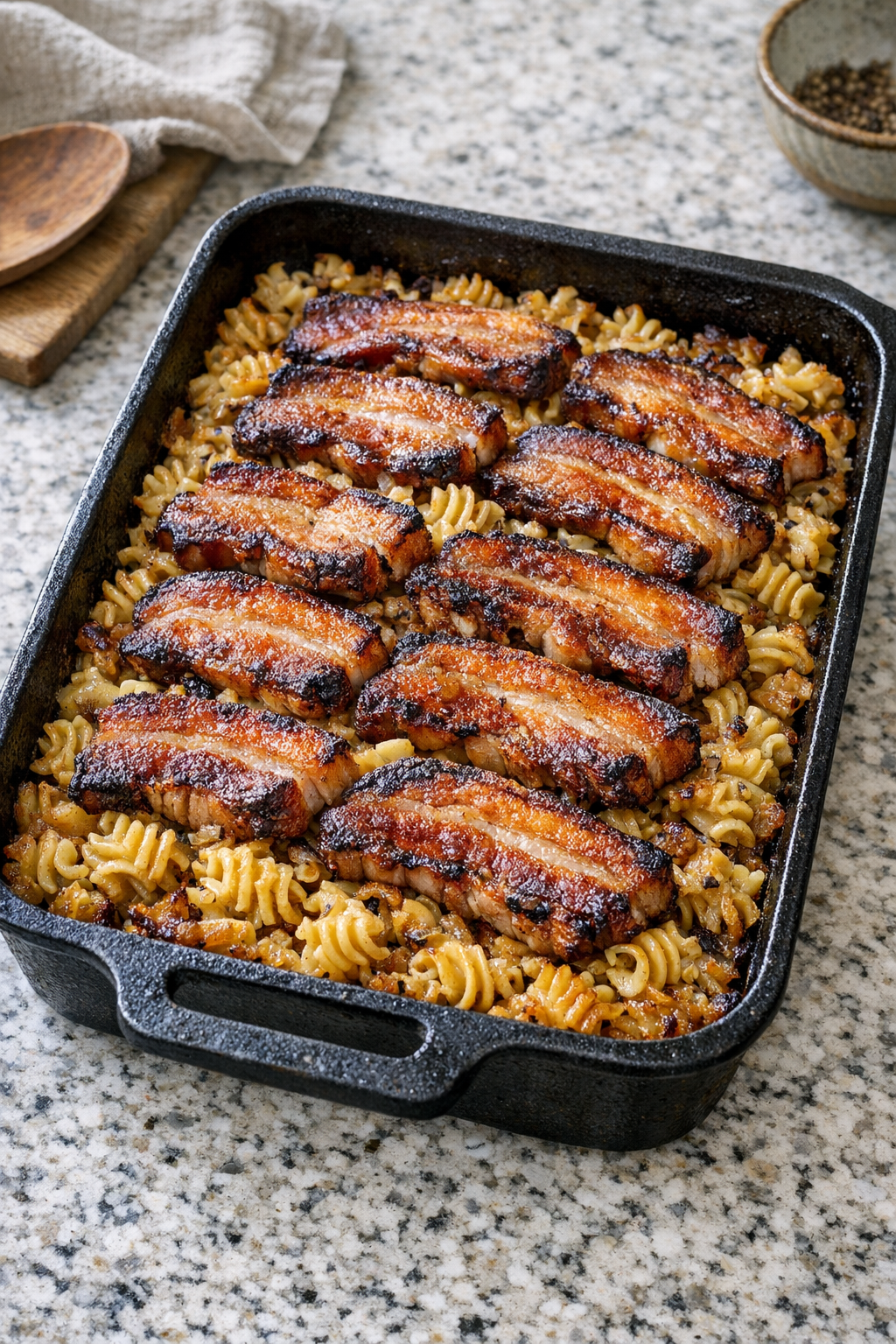 Finished baked pork belly radiatori macaroni in a cast iron pan