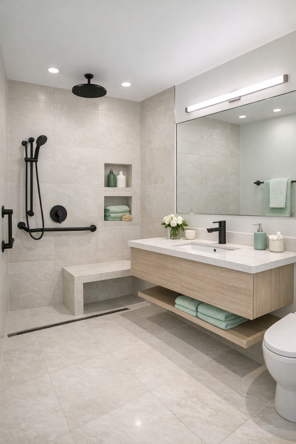 Modern accessible bathroom with curbless shower, floating vanity, and light porcelain tile