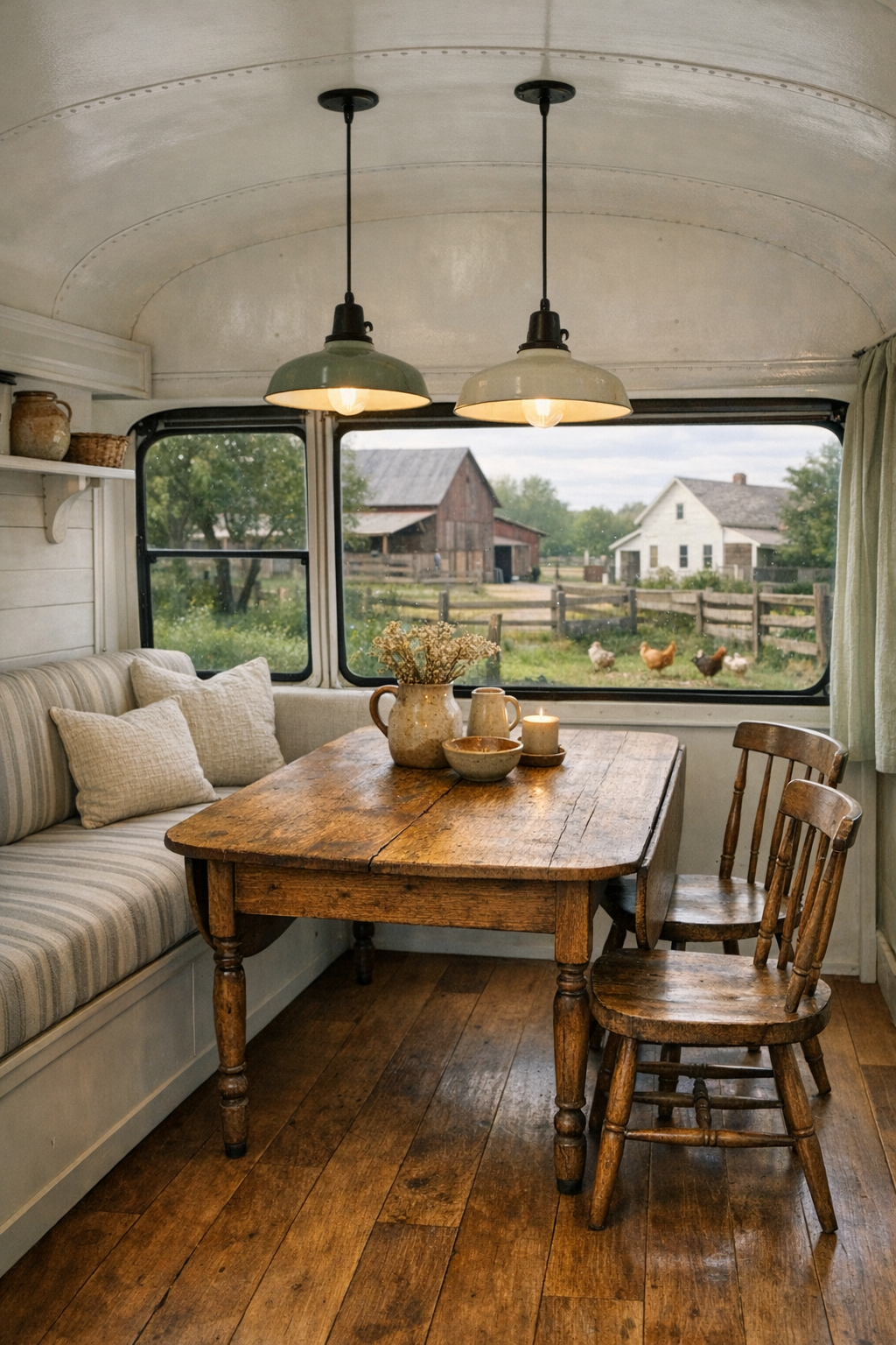 Compact bus dining nook with oak drop-leaf table, banquette seating, and farmhouse details