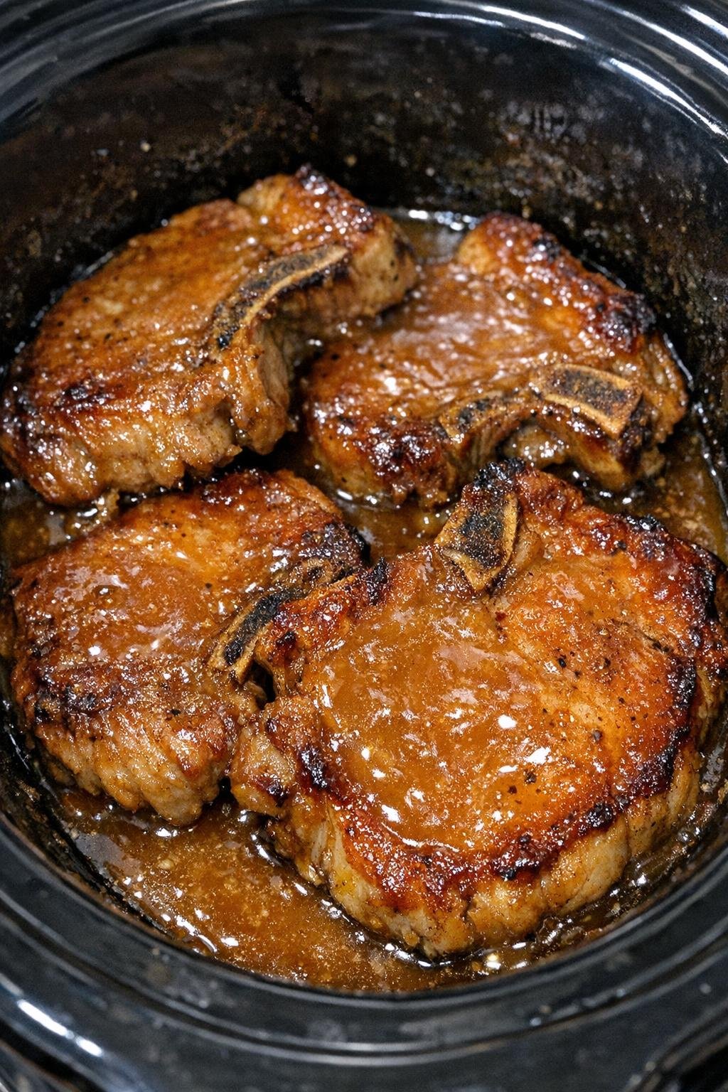 Finished butterscotch pork chops in the slow cooker