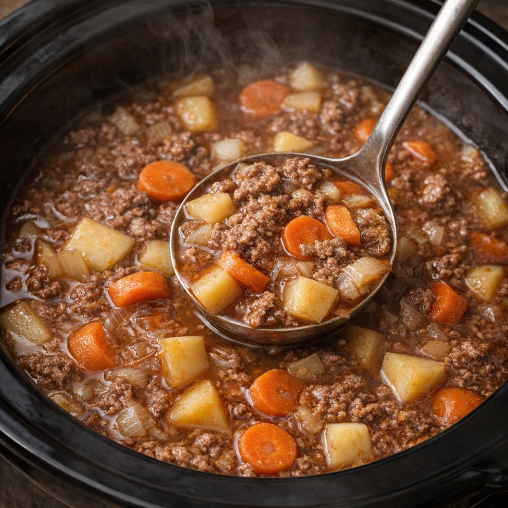 Cooked stew being stirred in the slow cooker with tender potatoes, carrots, and crumbled beef