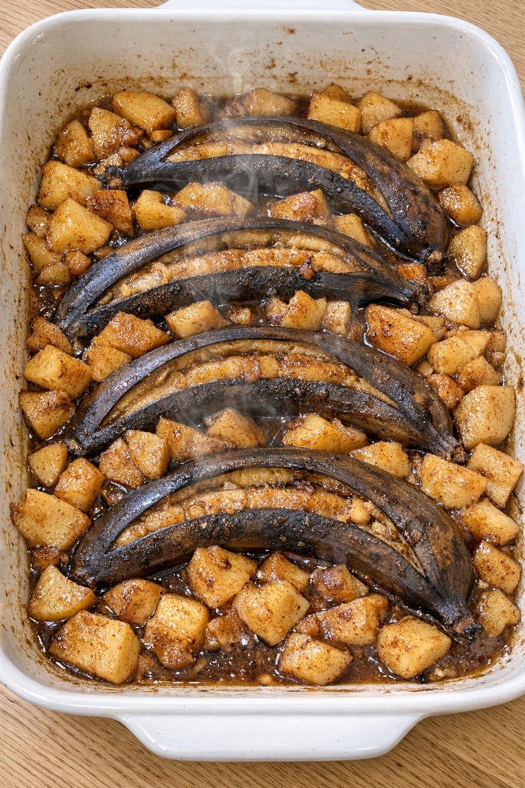 Finished baked banana and apple dessert in a baking dish