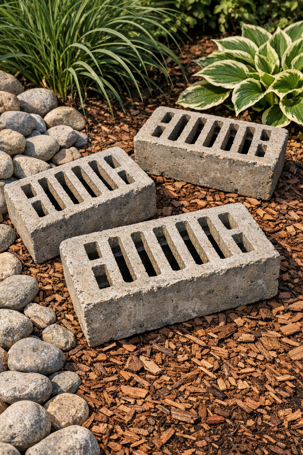 Finished slotted cement yard blocks displayed in a garden
