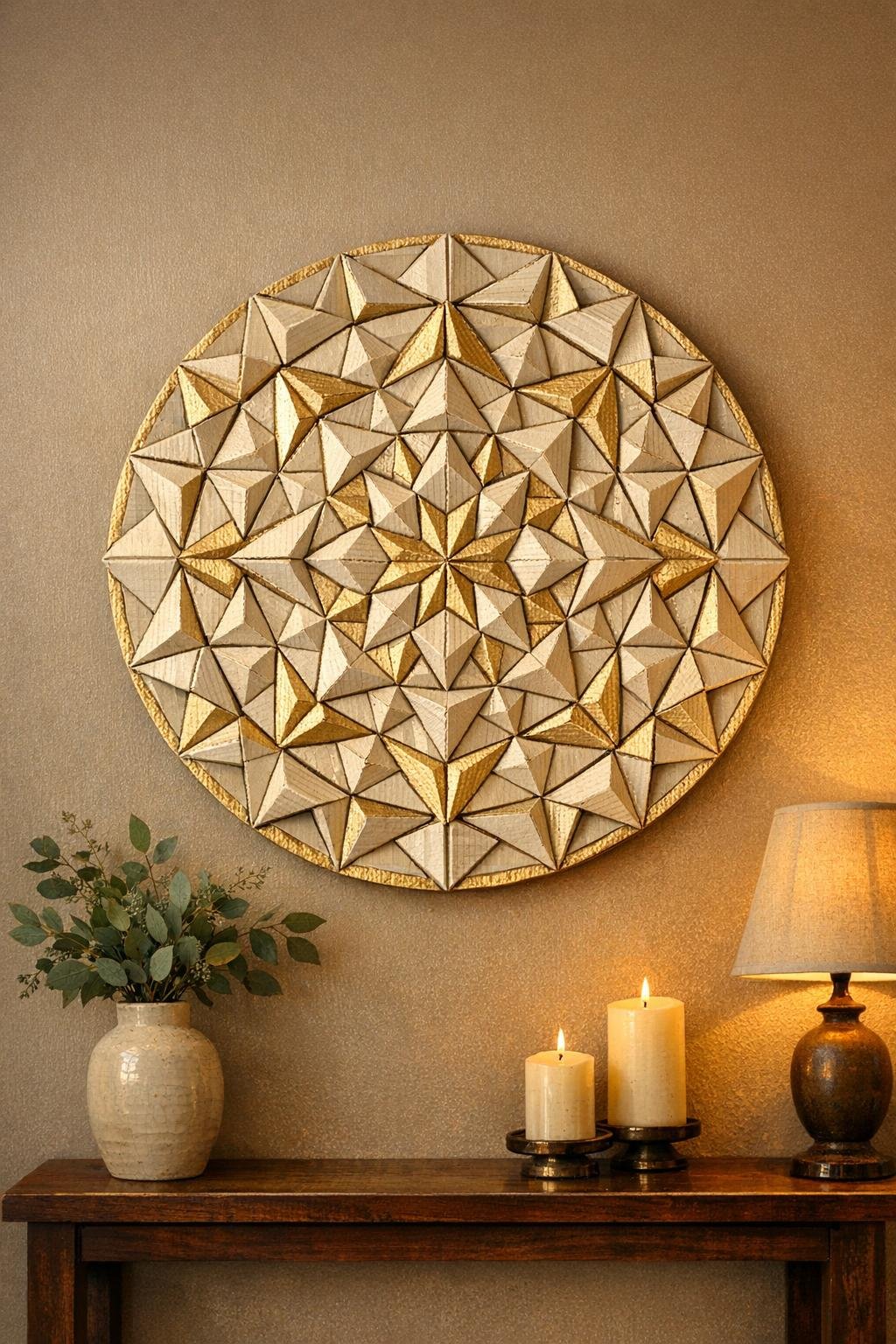 Finished cardboard medallion wall art displayed in a cozy home setting