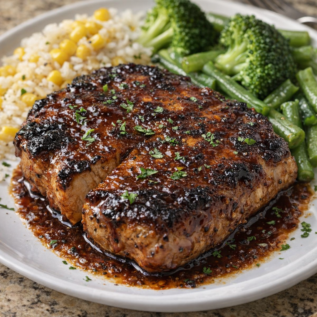 Barbecue pork chops plated with slaw and potatoes