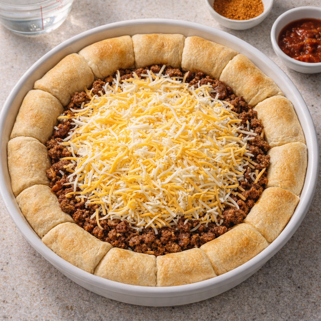 Assembled taco crescent pie before baking