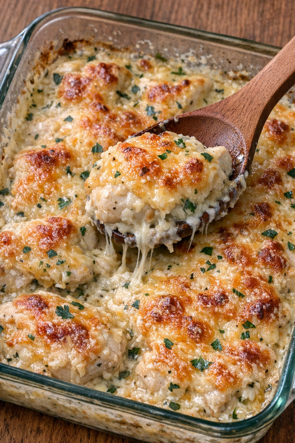 Creamy baked chicken with bubbling cheese in a glass baking dish