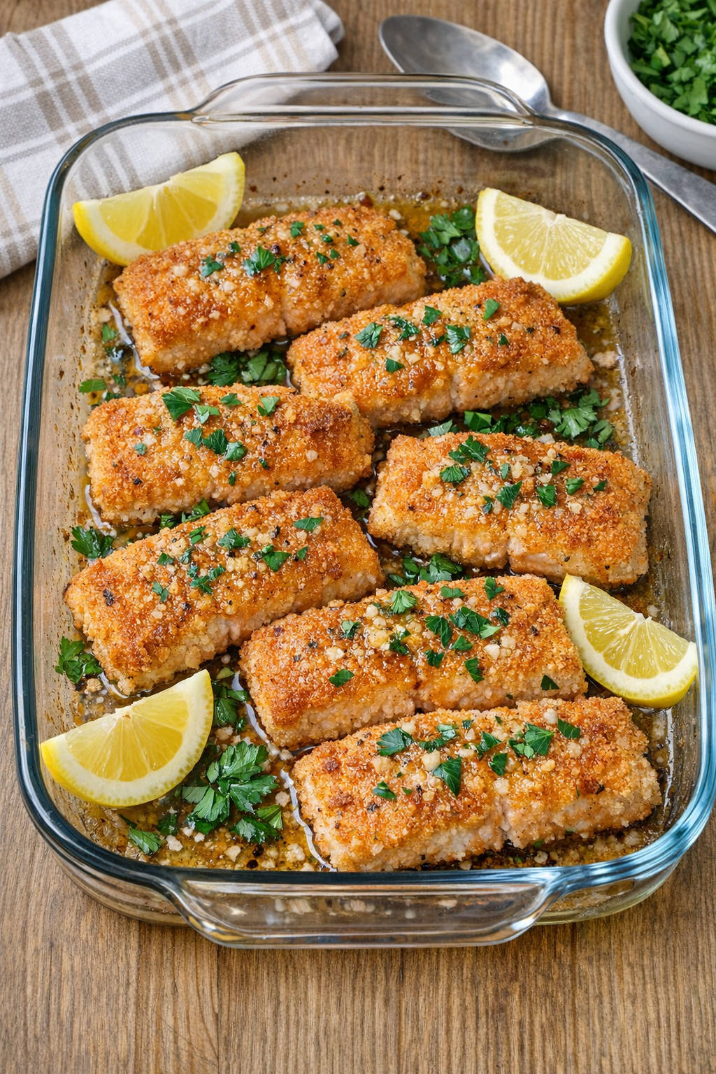 Finished baked breaded salmon portions in a glass baking dish