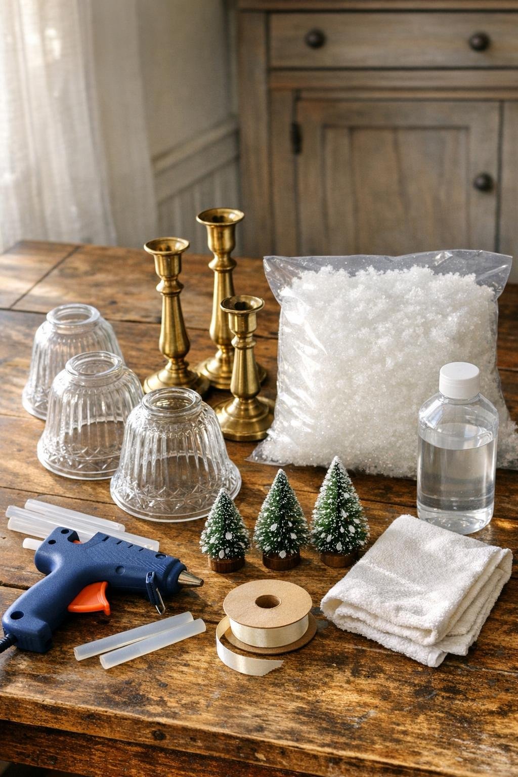 Materials for making three snow globe cloches laid out on a table