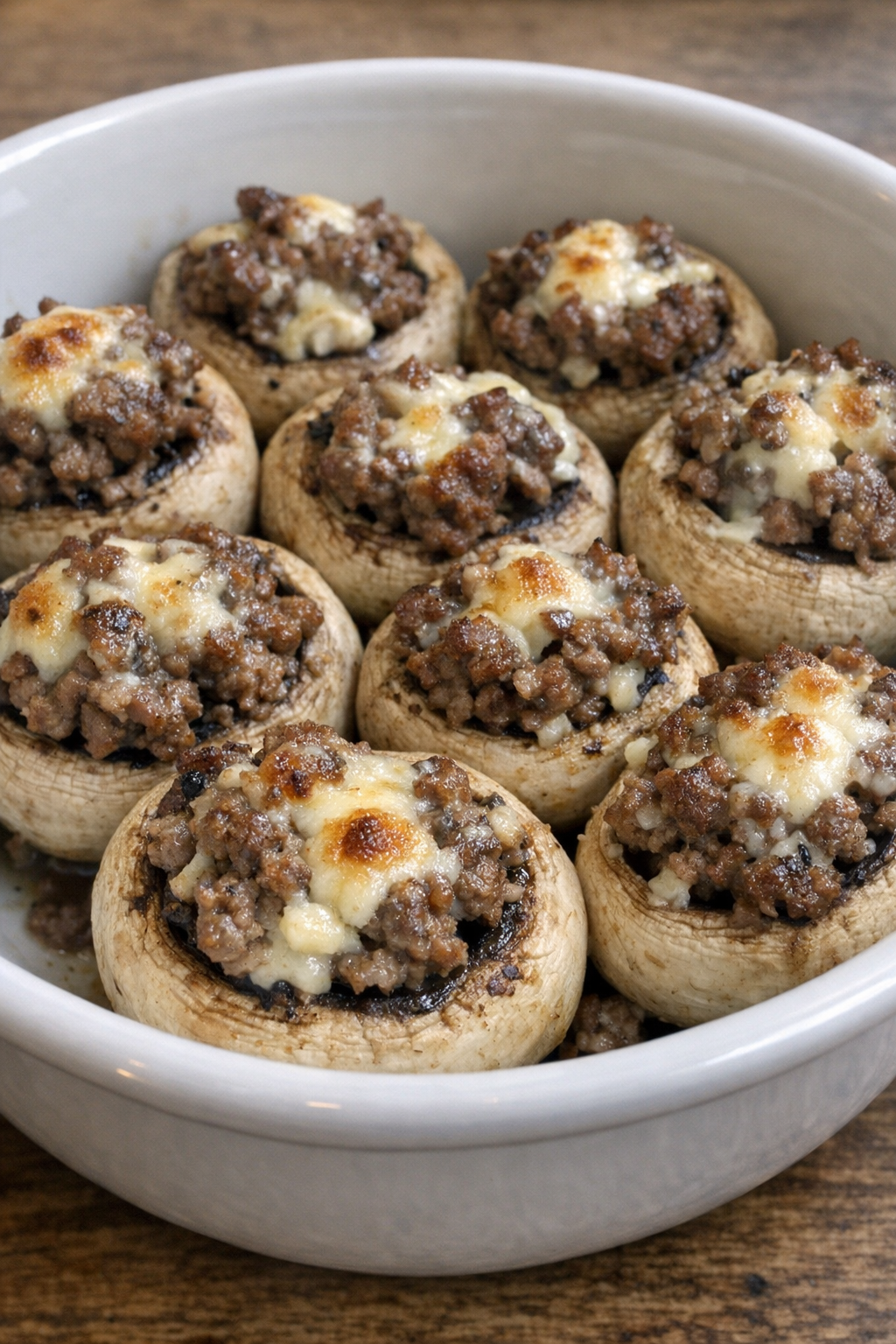 Oven baked beef stuffed mushrooms in a white ceramic bowl