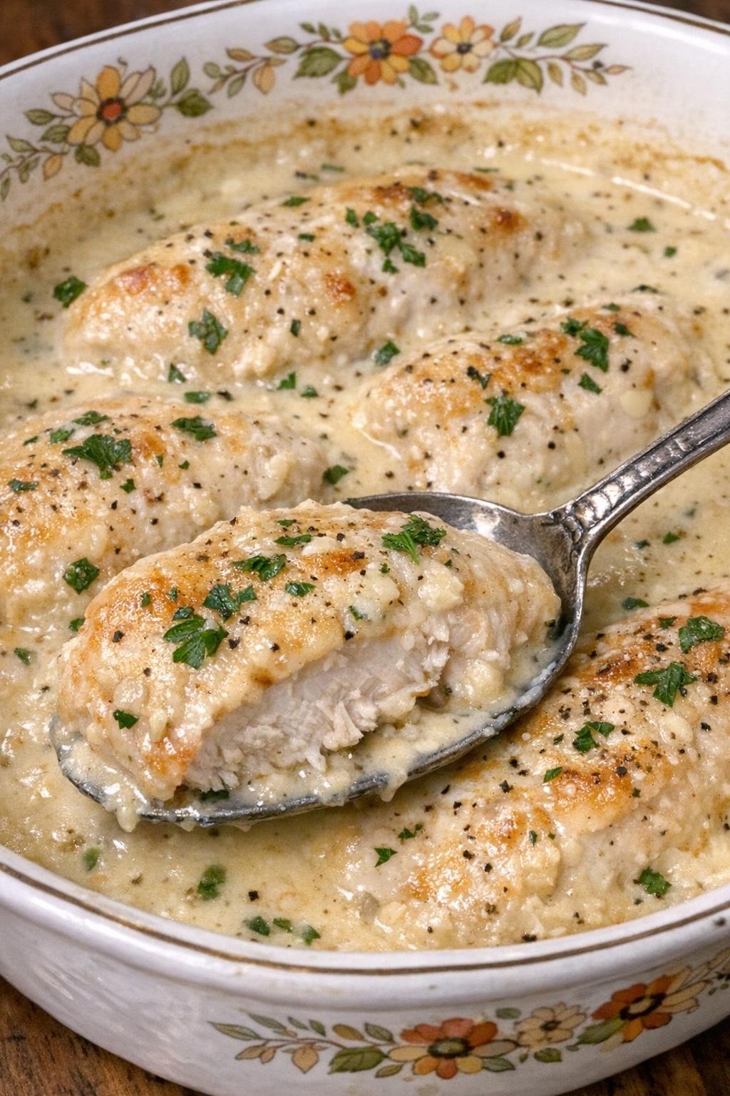 Chicken breasts in cream sauce in a vintage casserole dish