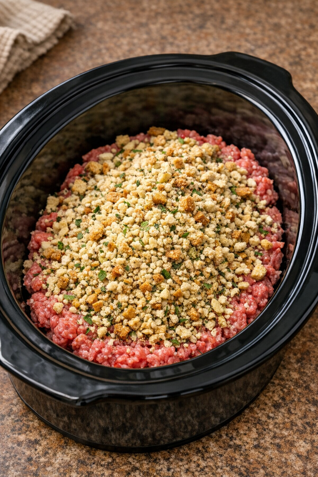 Dry stuffing mix layered over raw ground beef in the slow cooker