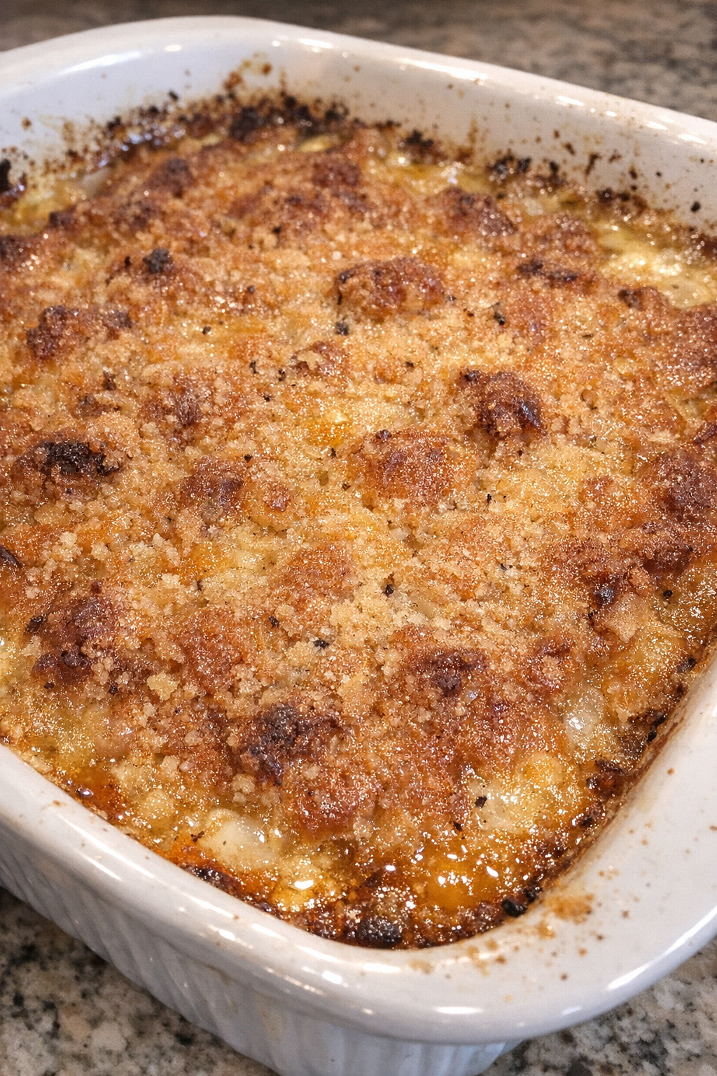 Bubbly golden-brown casserole in a ceramic baking dish