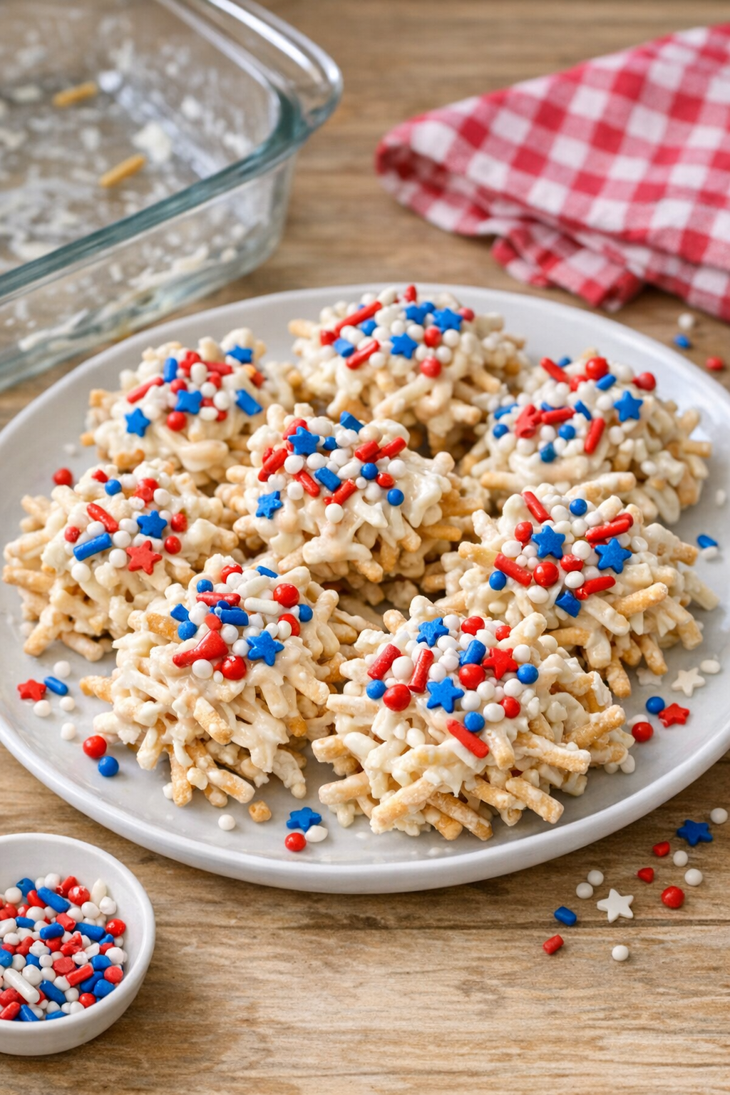 Finished patriotic chow mein noodle dessert clusters