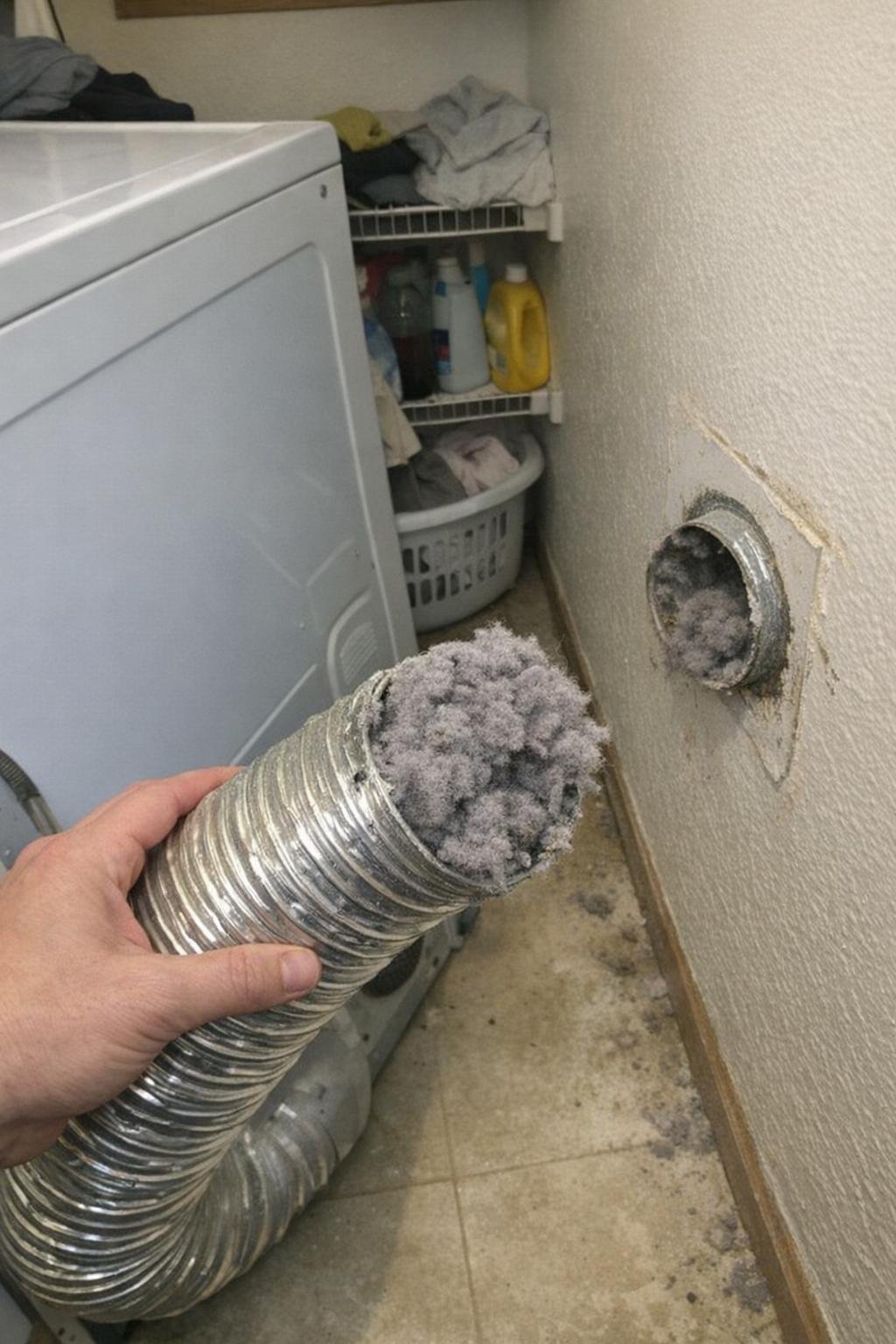 Dryer vent duct disconnected with lint buildup visible