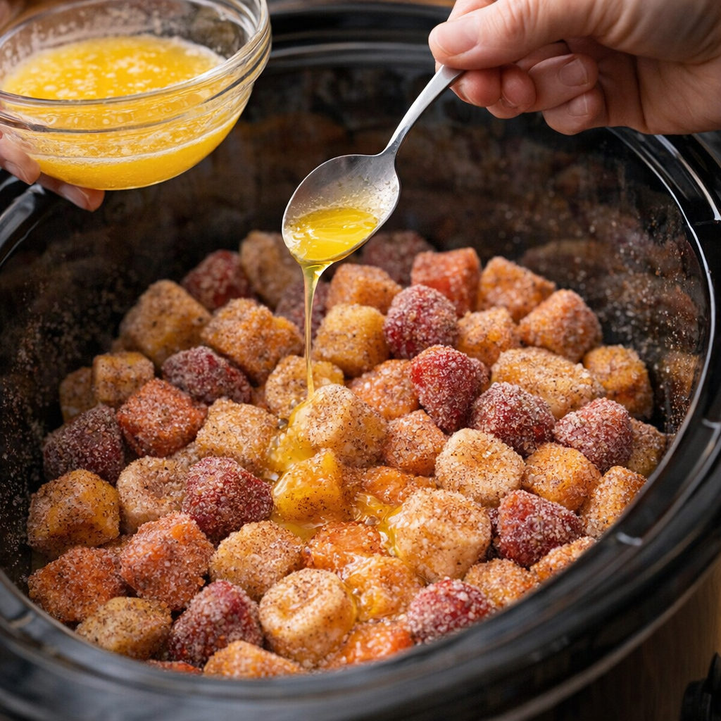 Melted butter drizzled over sugared tropical fruit in the slow cooker