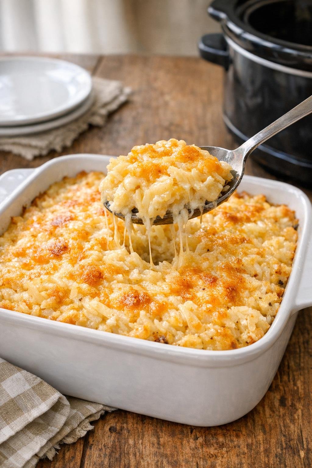 Finished crock pot cheesy hash brown potatoes in a serving dish