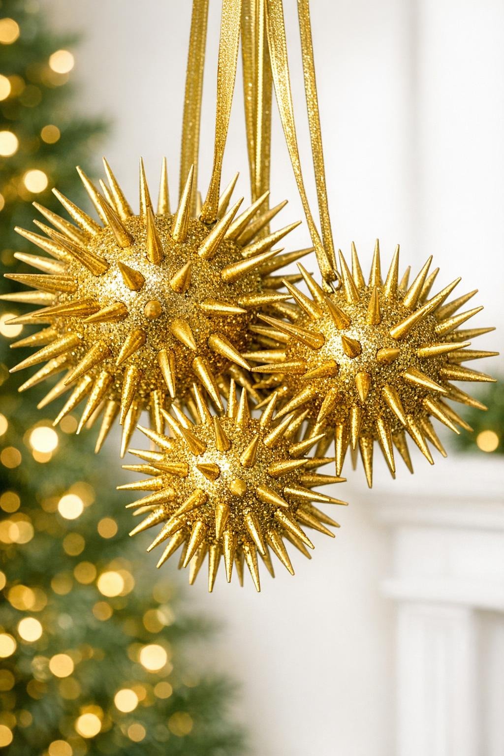 Three finished gold sputnik starburst ornaments hanging together