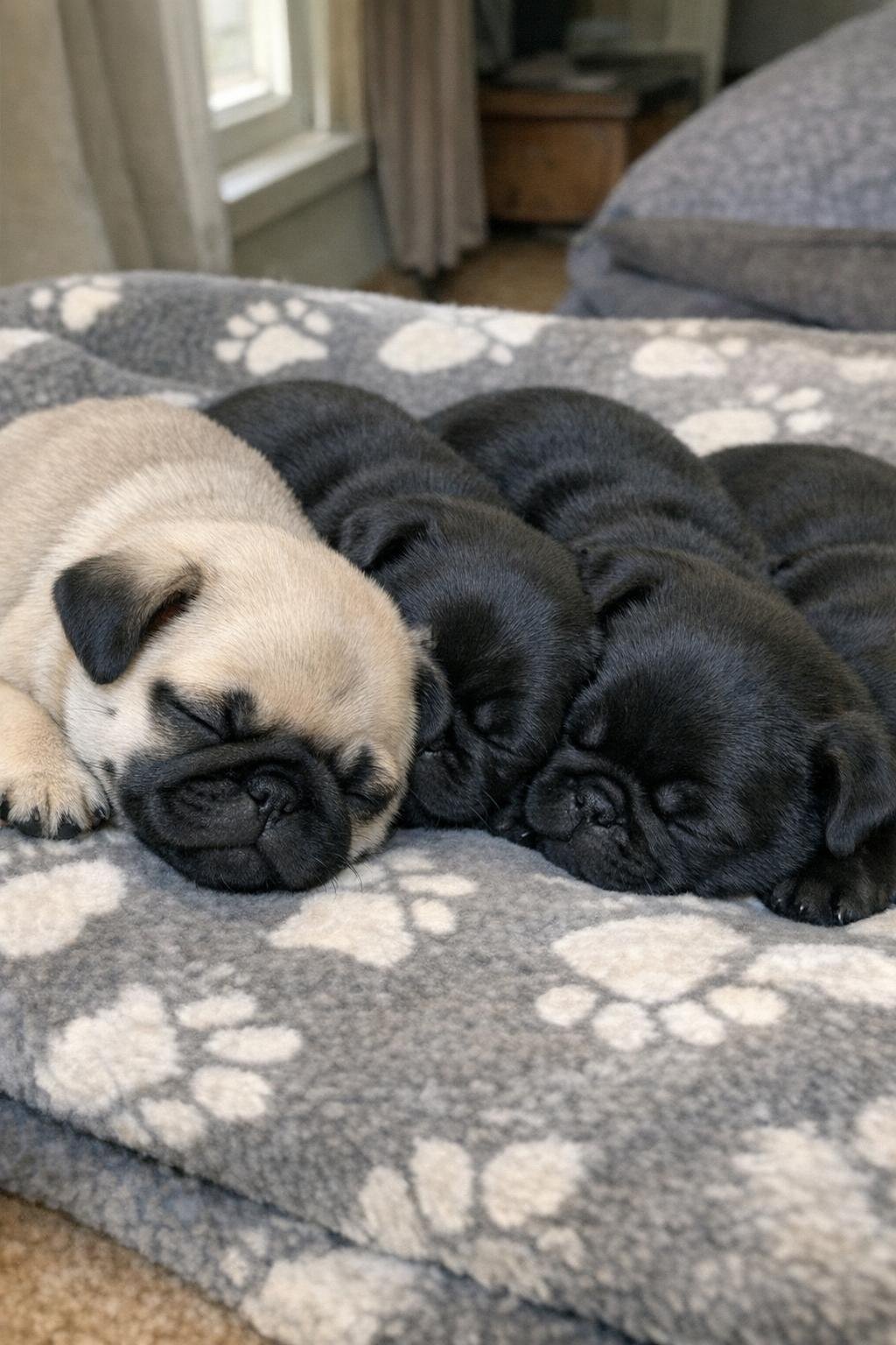 A pale fawn Pug puppy with a black mask sleeping beside three black littermates