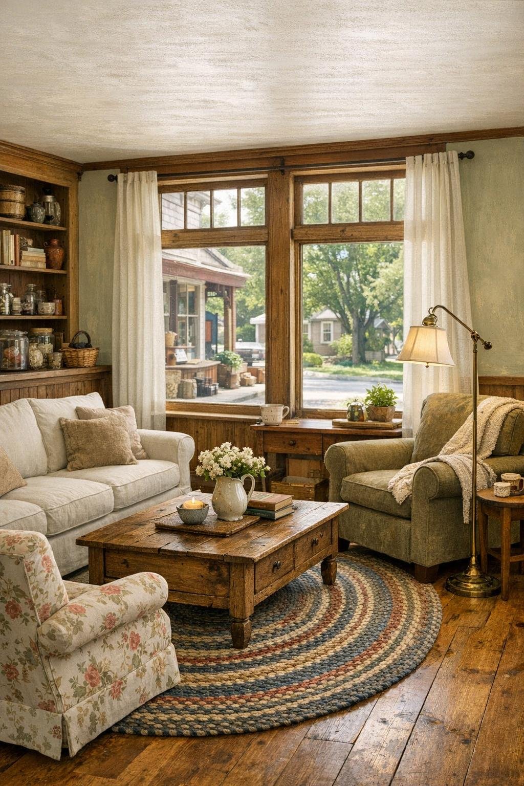 Cozy cottage living room with a reading corner by tall windows
