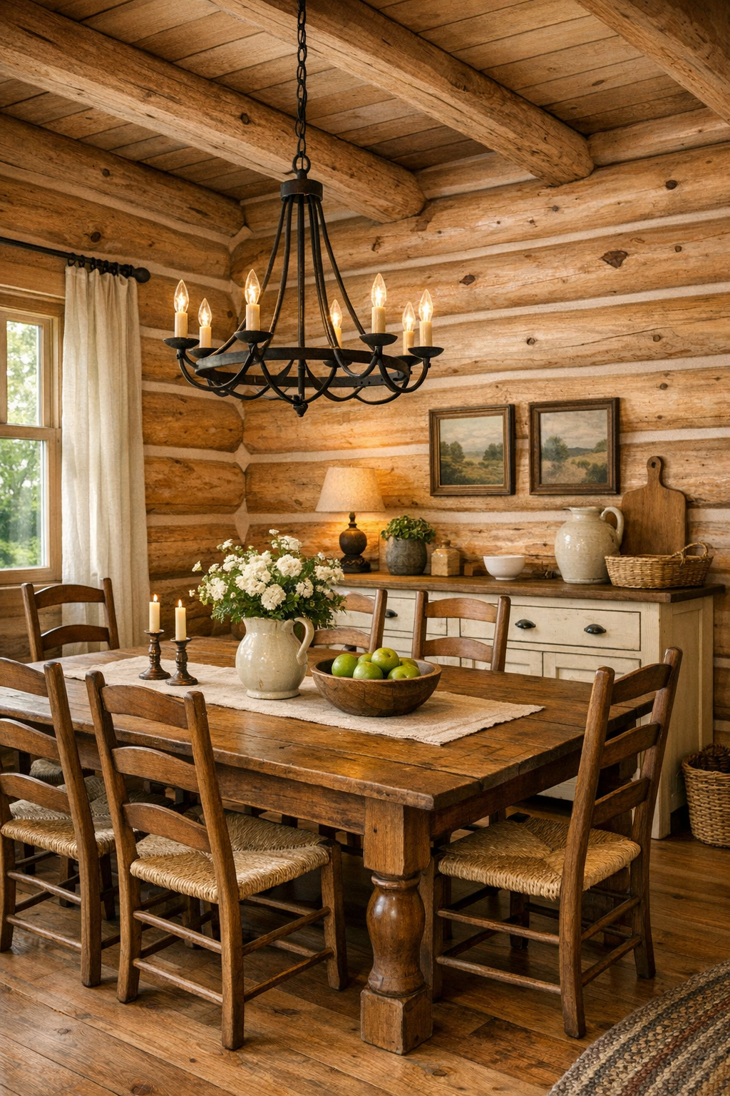 Cozy log home dining room with farmhouse table, classic chairs, and warm chandelier light