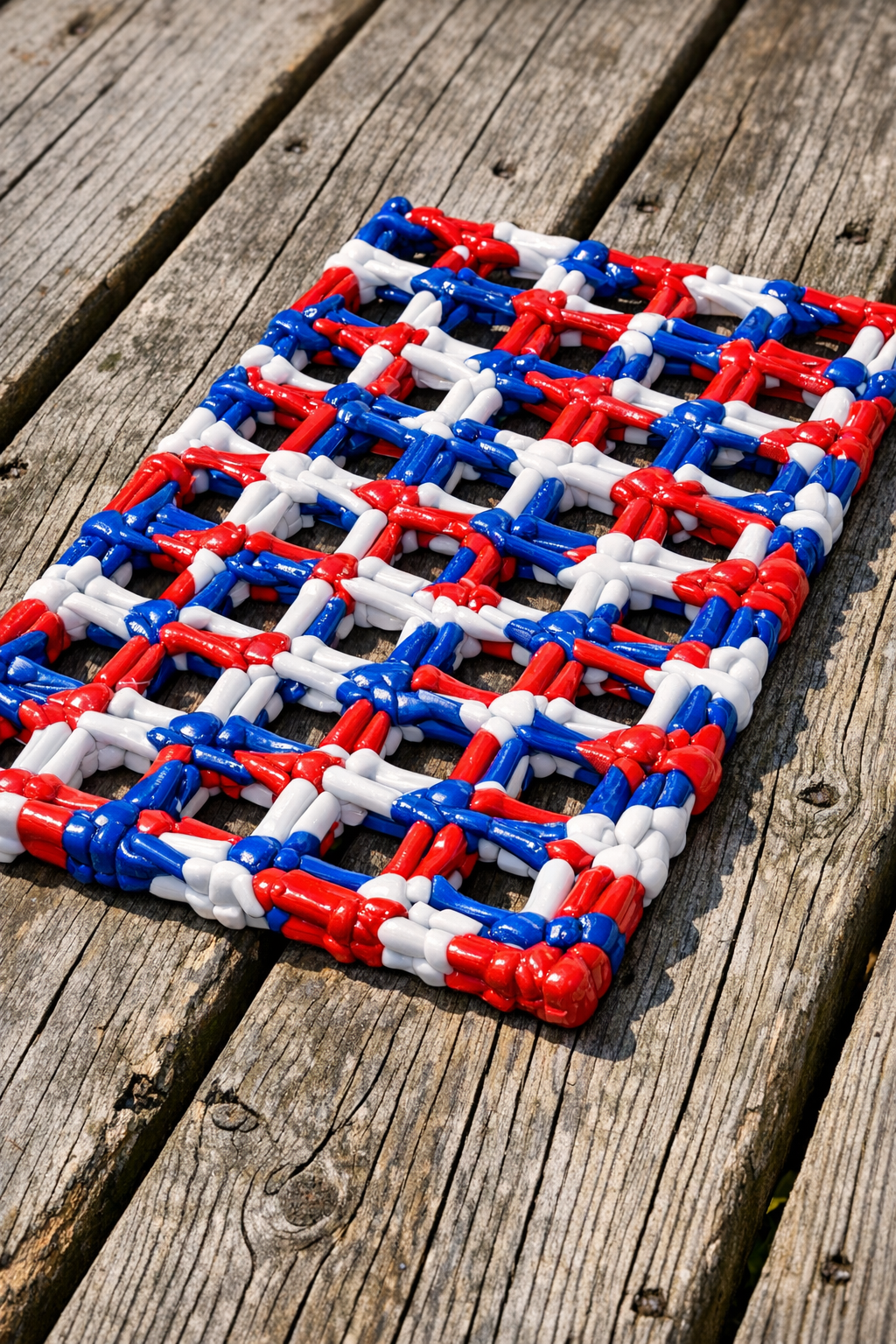 Finished red, white, and blue melted plastic golf tee deck grate