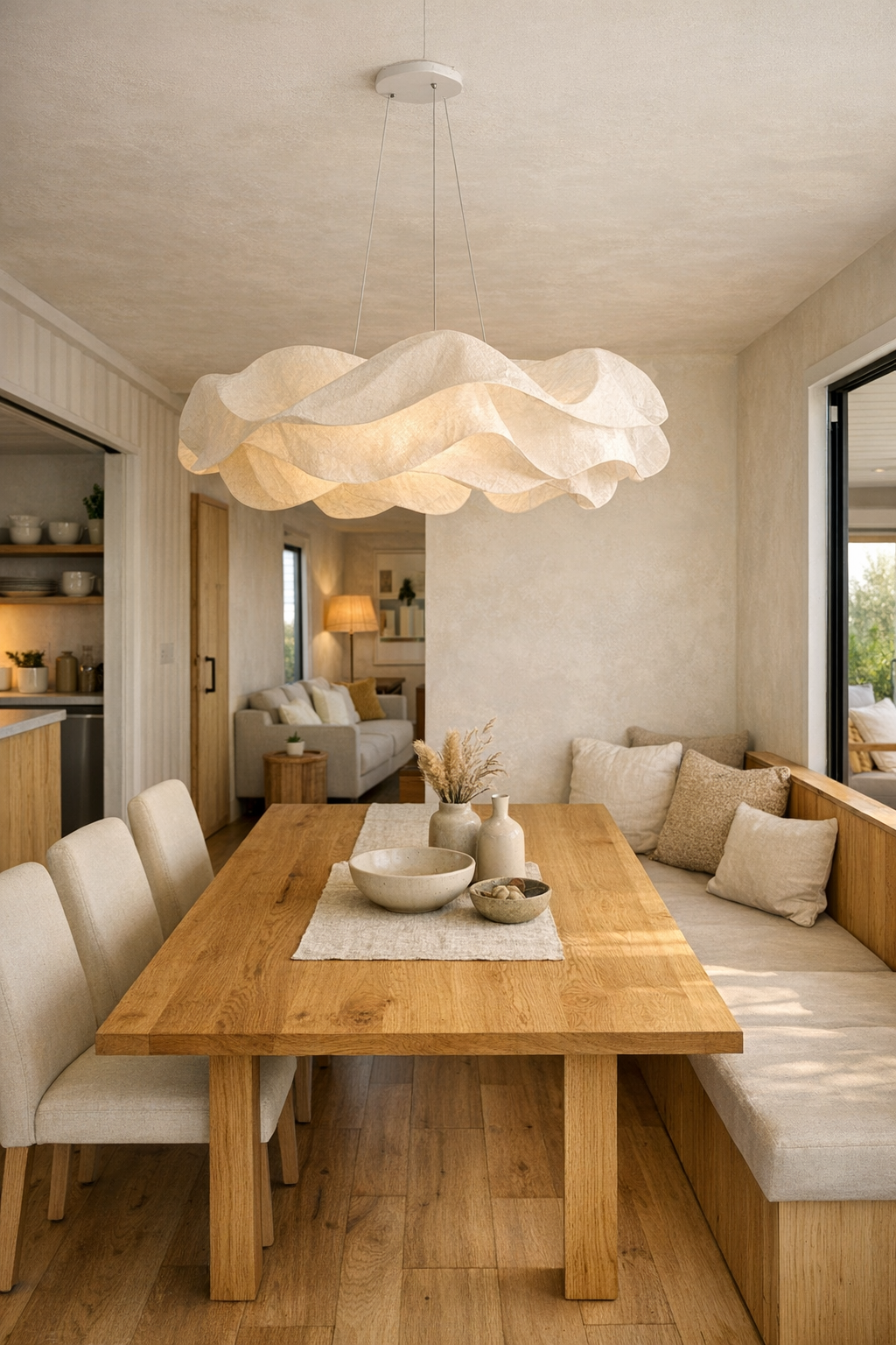 Warm modern dining room with oak table, upholstered chairs, and pendant lighting