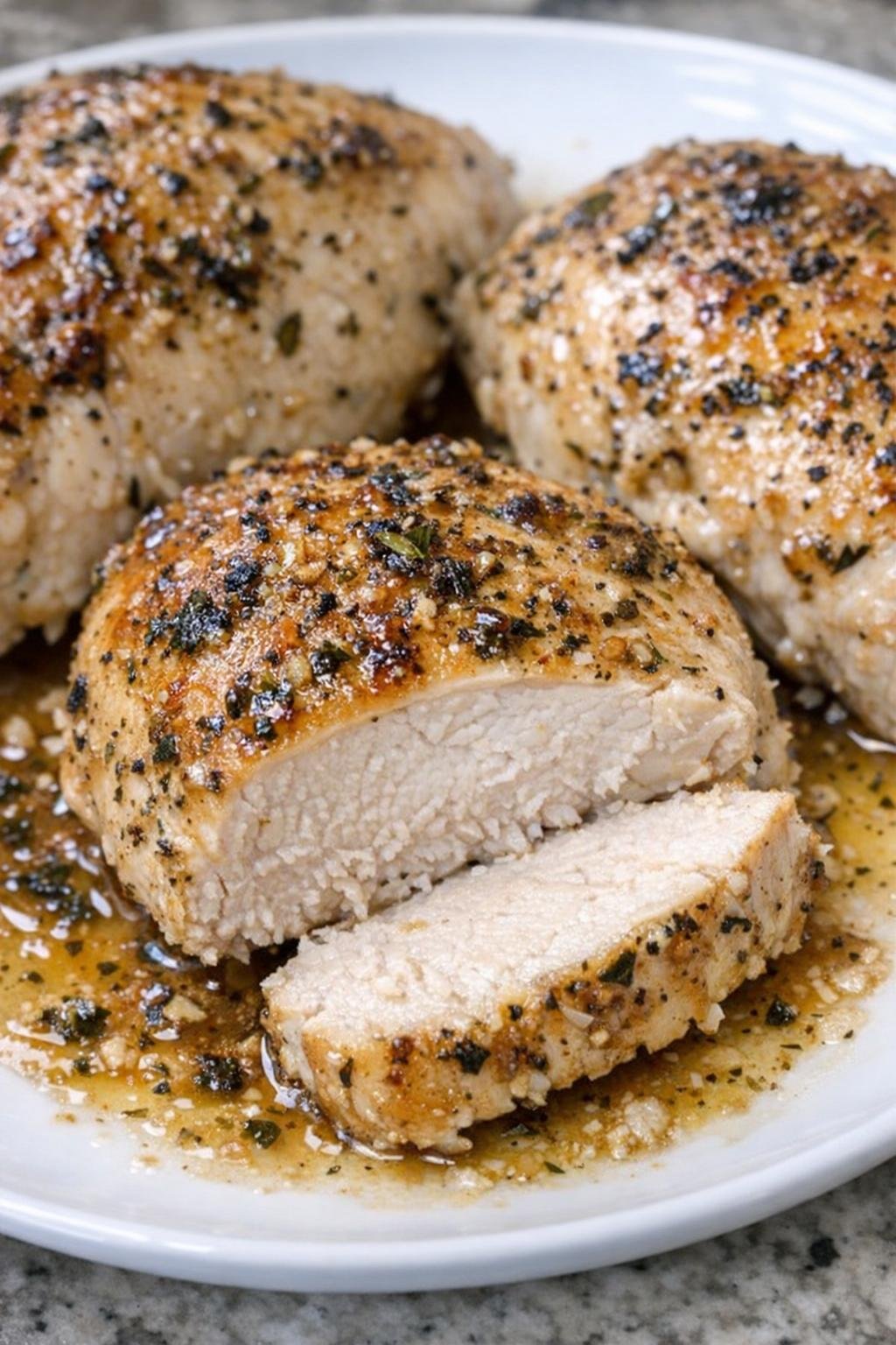 Golden roasted chicken breasts on a white plate