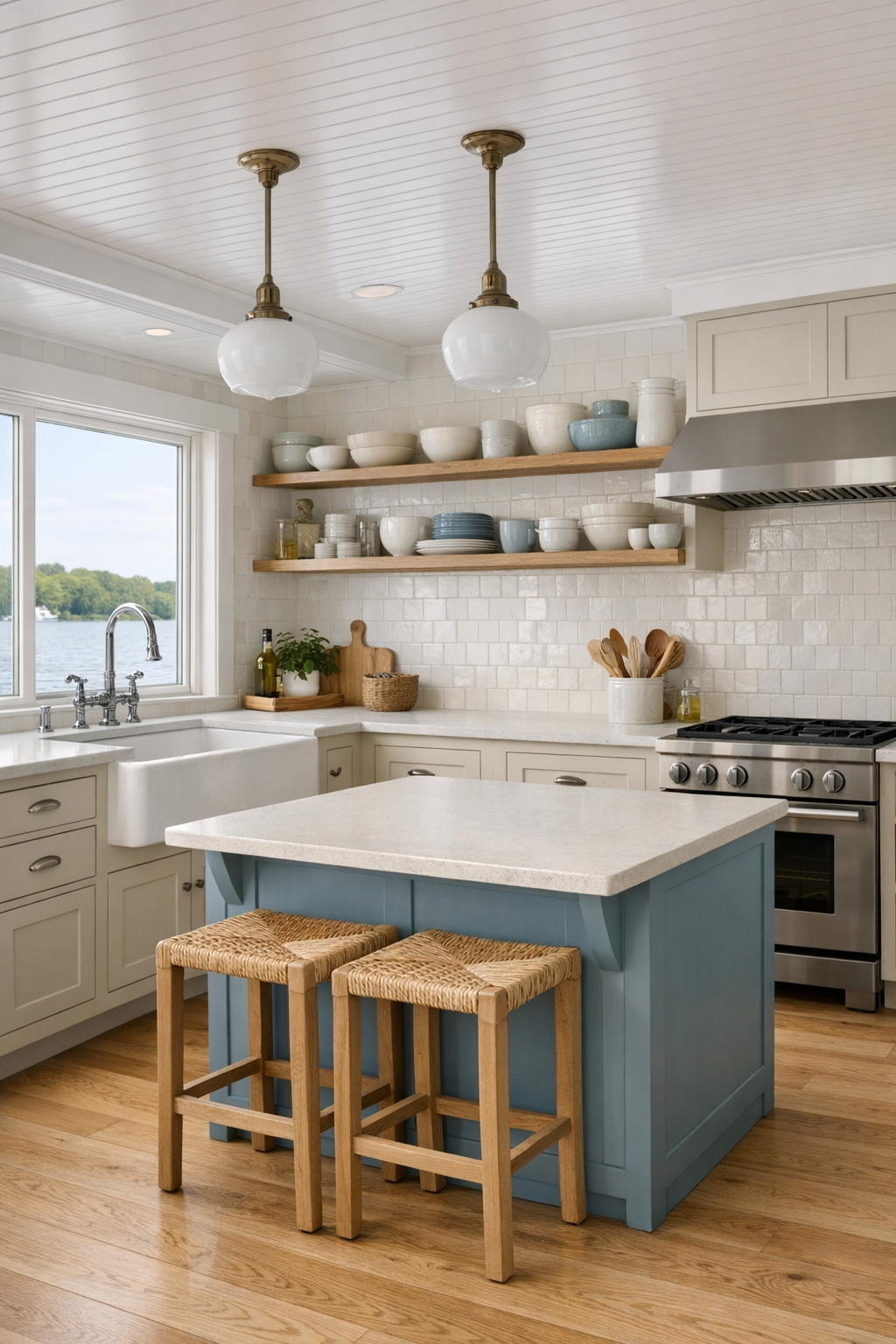 Creamy putty kitchen with blue island, apron sink, and white oak floors