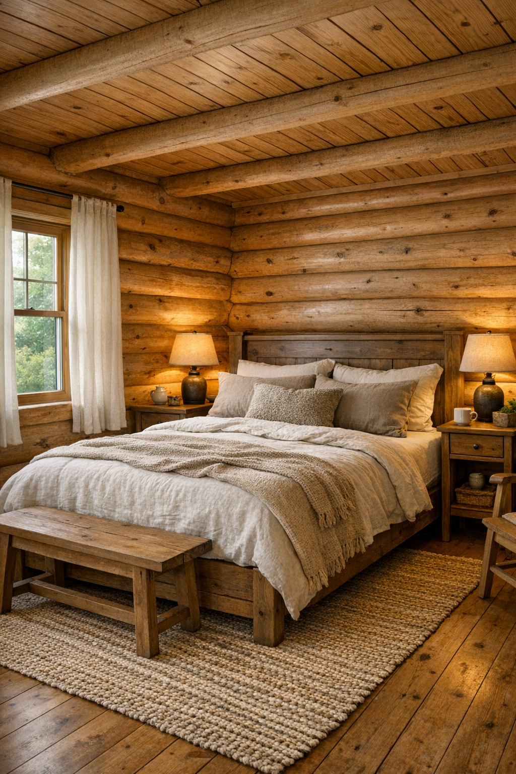 Quiet rustic bedroom with log walls, layered bedding, and soft natural light