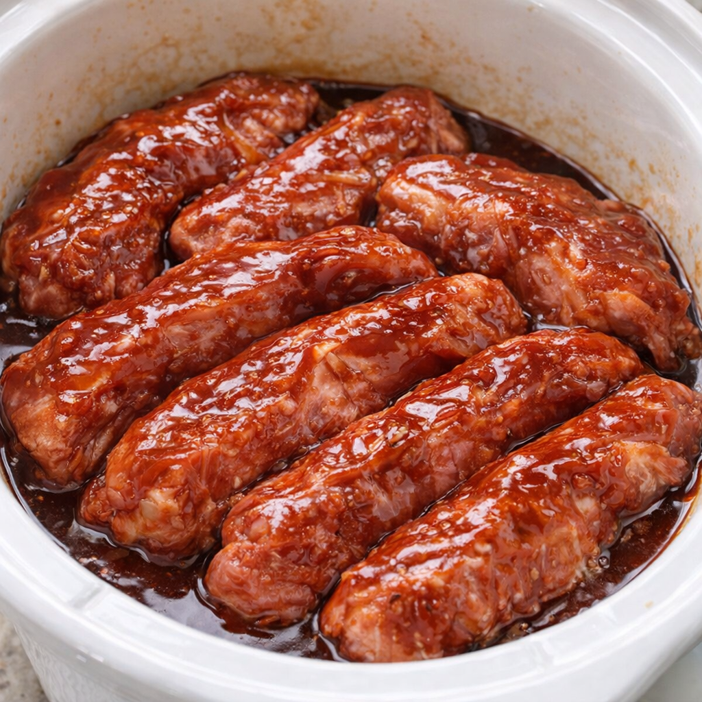 Sauced ribs arranged inside a slow cooker