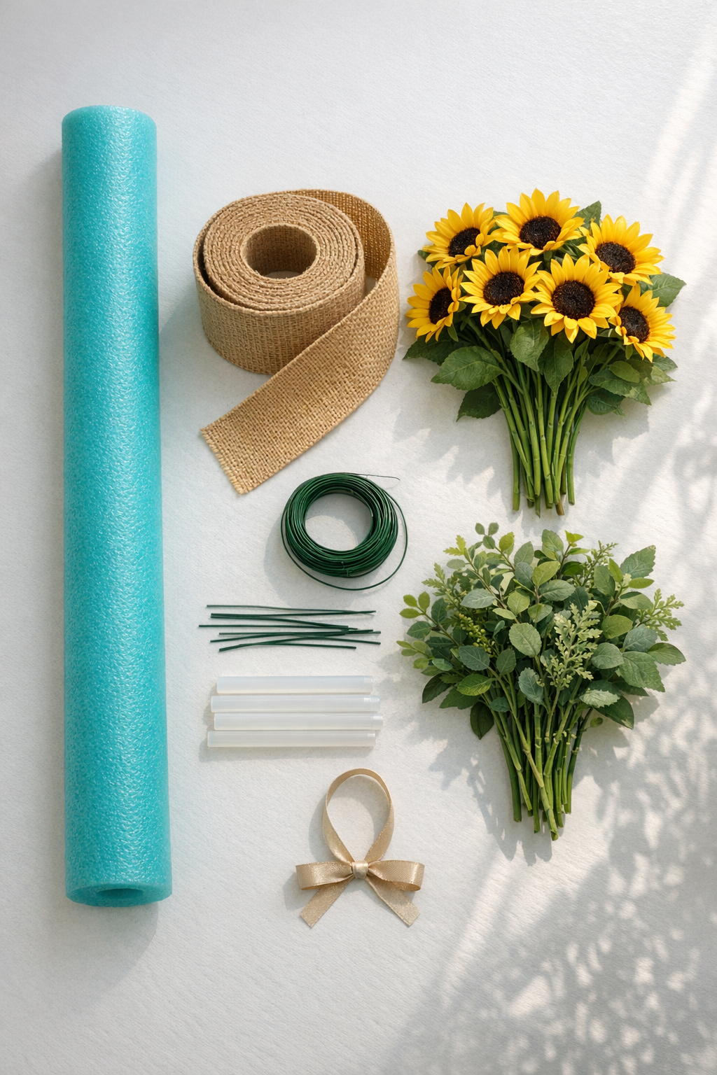 Materials for making a pool noodle wreath laid out on a table