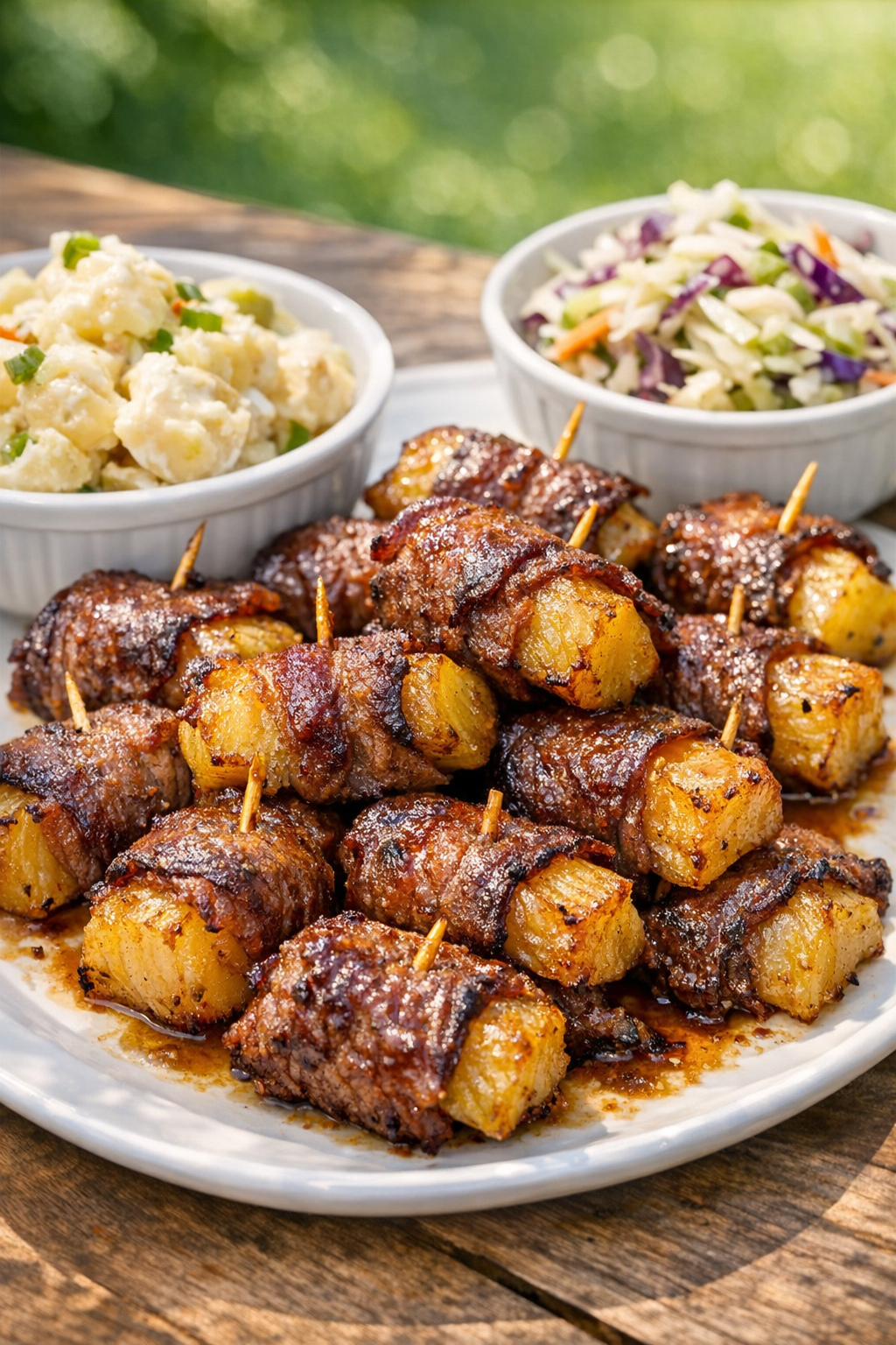 Finished beef pineapple bites plated with summer sides