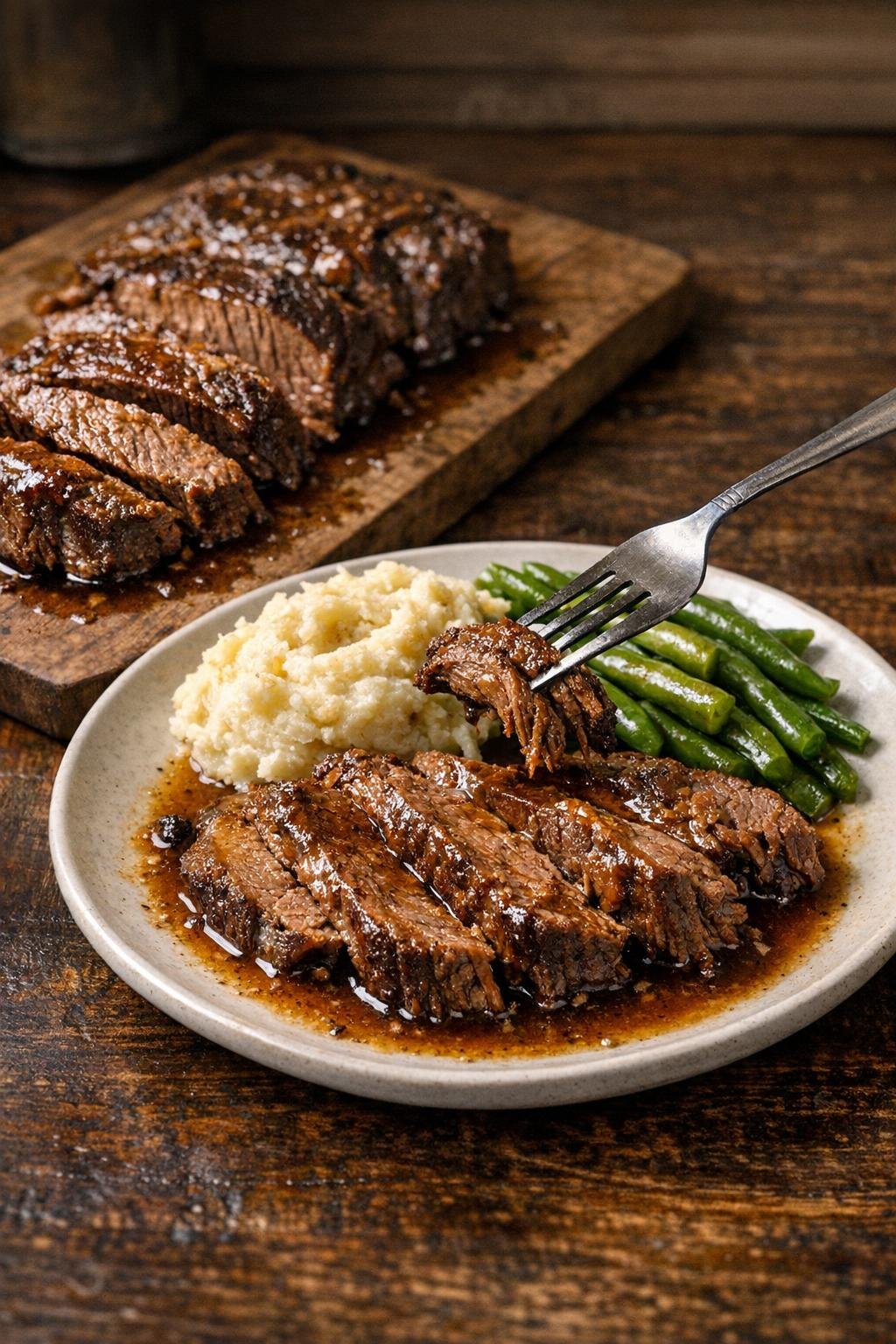 Finished plated thick-sliced oyster steak roast with rich juices