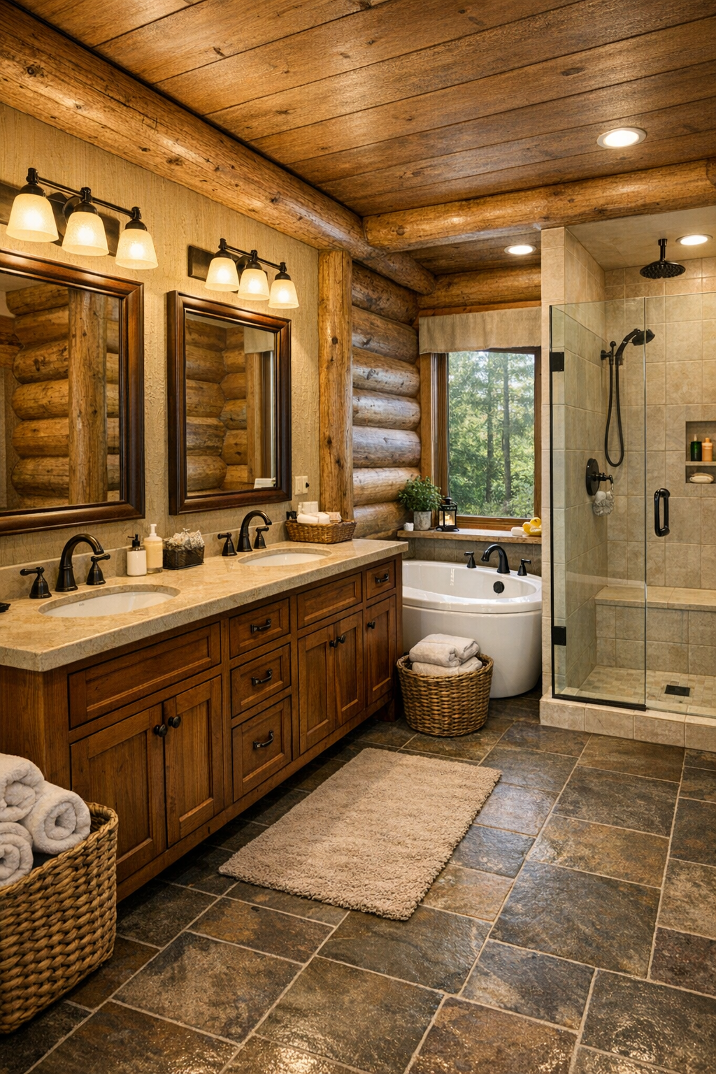 Warm rustic bathroom with handcrafted wood vanity, stone finishes, and a soaking tub