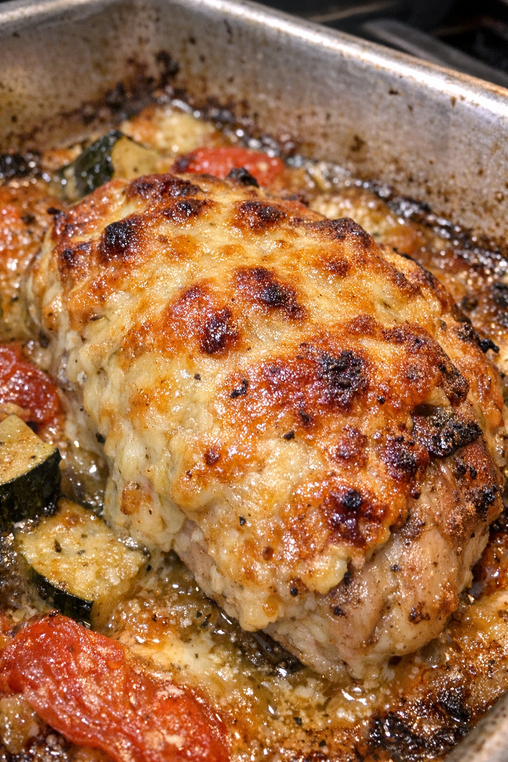 Roasted protein with golden bubbling crust in a metal baking sheet