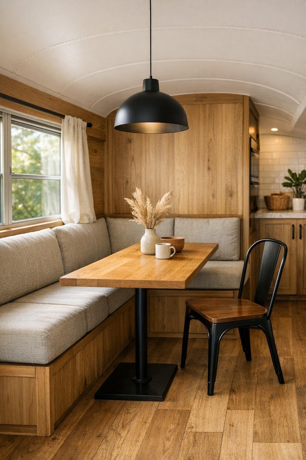 Compact dining nook in a converted bus with banquette seating and oak table