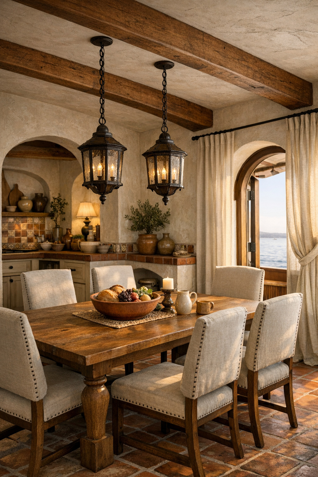 Warm dining room with oak table, upholstered chairs, and arched openings