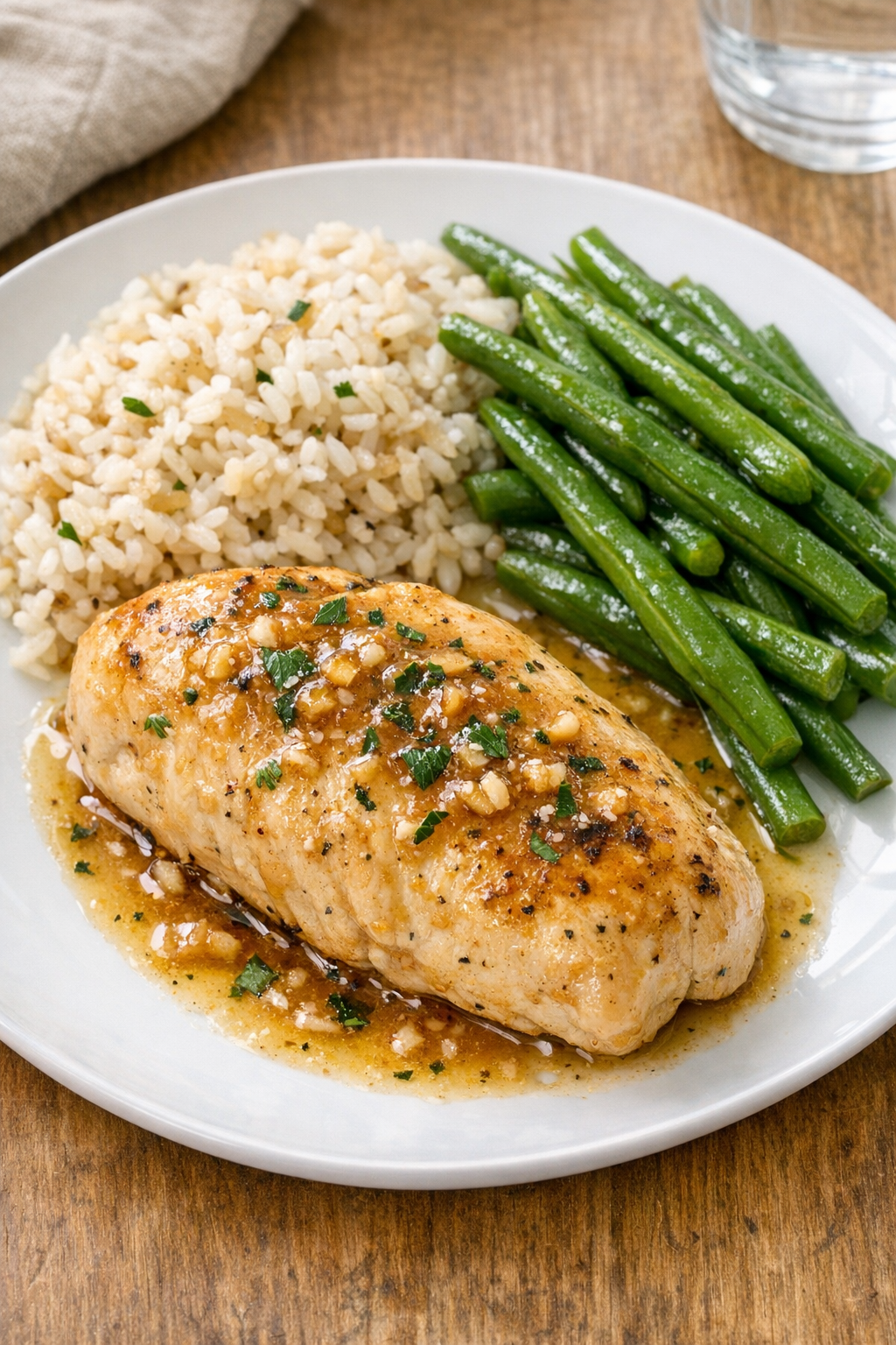 Baked chicken breasts plated with pan sauce