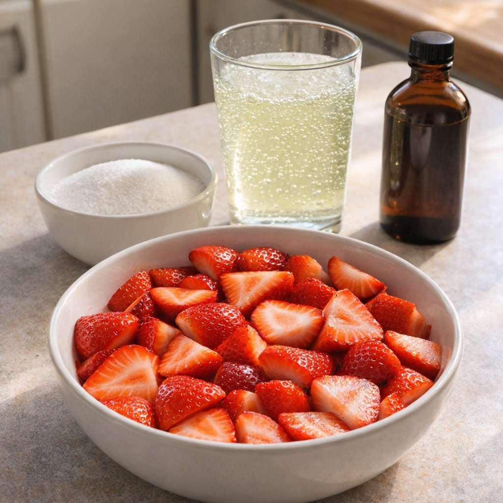 Sliced strawberries and ingredients lined up on a counter