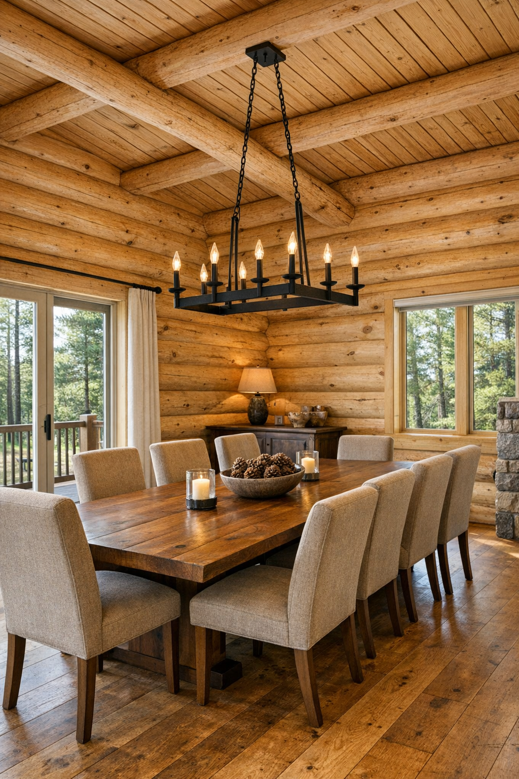 Warm dining room with solid wood table, upholstered chairs, and gentle metal chandelier