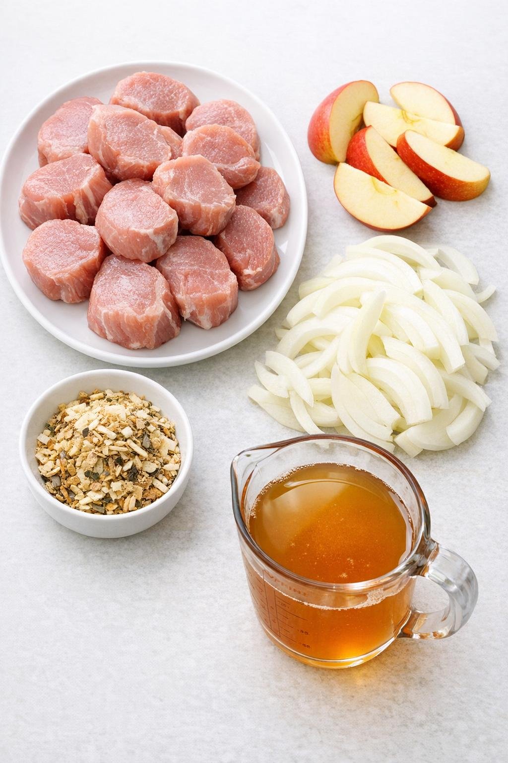 Varkensvleesmedaillons, appels, ui, soepmix en appelcider