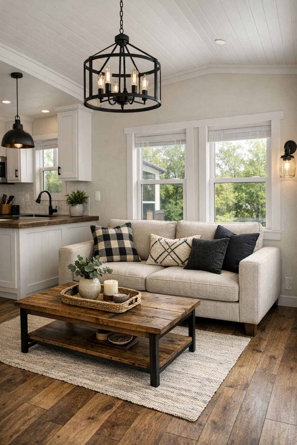 Bright farmhouse-style living room with a compact sofa, warm wood-look floors, and black accents