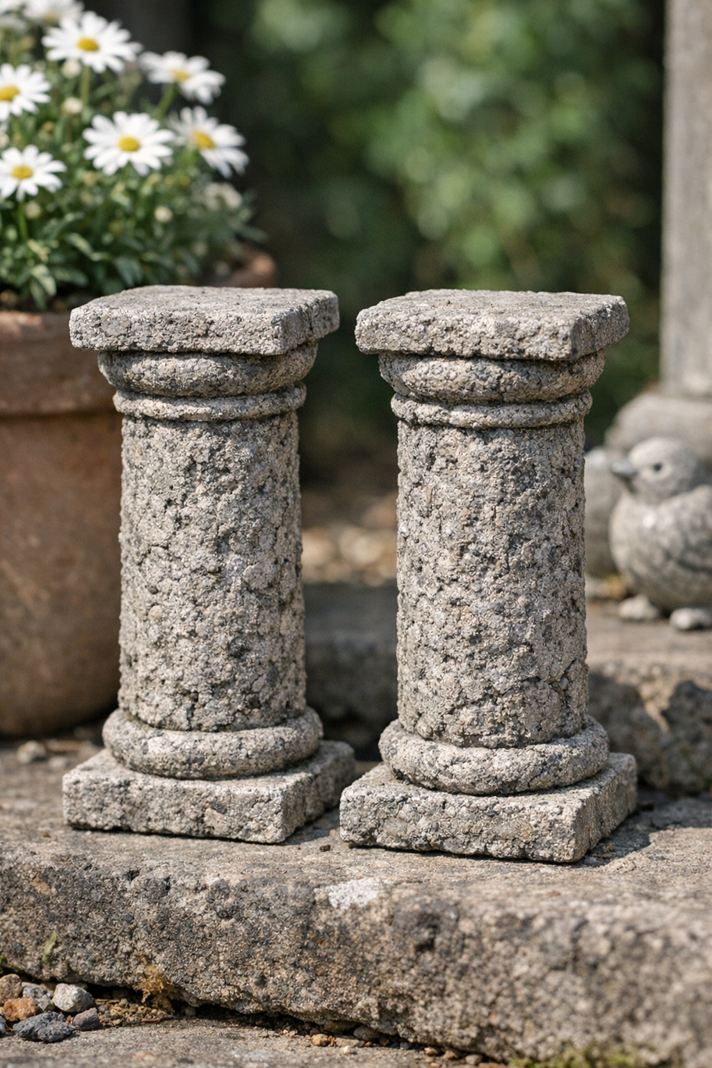 Finished pair of textured cement garden columns made from mesh pencil cups