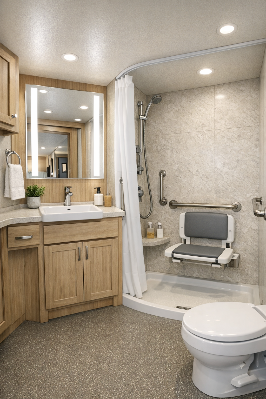 Accessible RV bathroom with low-threshold shower, pale wood vanity, and light stone-look finishes